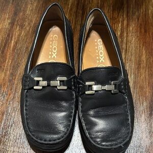 Geox Kids Black Leather Slip-On Loafers with Metallic Detail